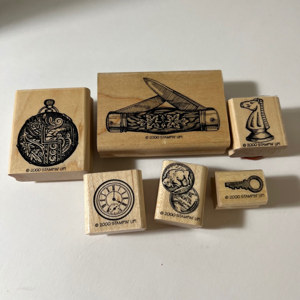 Stampin Up 2000 Vintage Wood Block Rubber Stamp Set Papa's Pocket 6pc knife